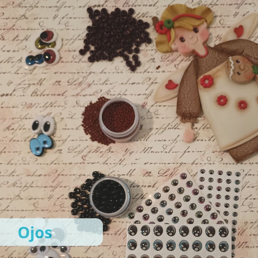 Ojos decorativos de resina, chaquira y plásticos