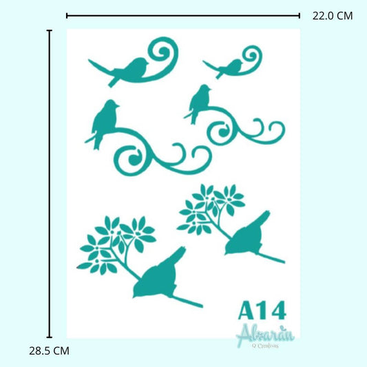 STENCIL PAJAROS EN RAMAS A14